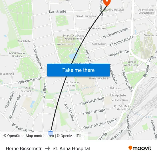 Herne Bickernstr. to St. Anna Hospital map