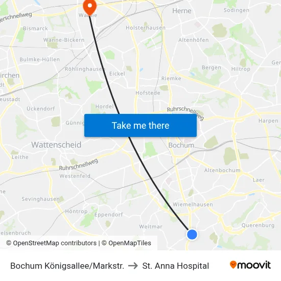 Bochum Königsallee/Markstr. to St. Anna Hospital map