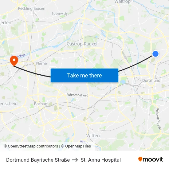 Dortmund Bayrische Straße to St. Anna Hospital map