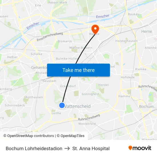 Bochum Lohrheidestadion to St. Anna Hospital map