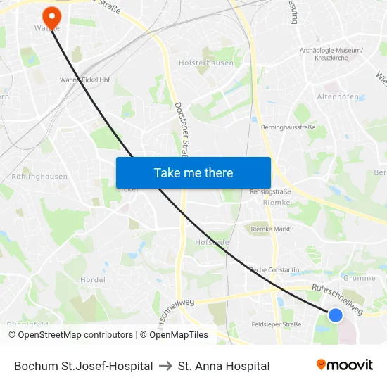Bochum St.Josef-Hospital to St. Anna Hospital map