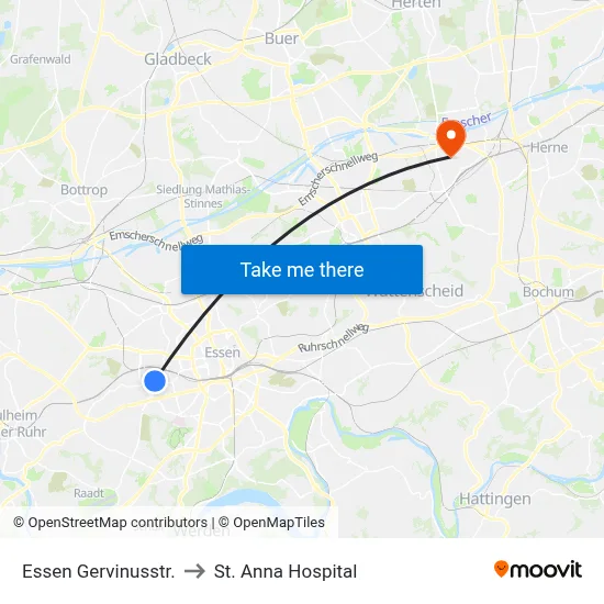 Essen Gervinusstr. to St. Anna Hospital map