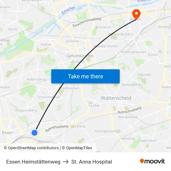 Essen Heimstättenweg to St. Anna Hospital map