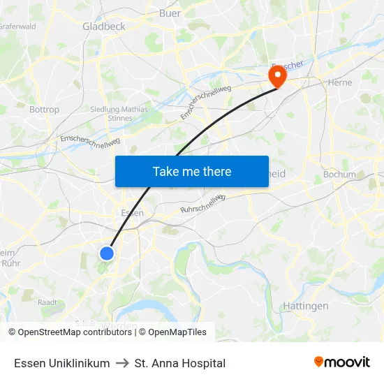 Essen Uniklinikum to St. Anna Hospital map