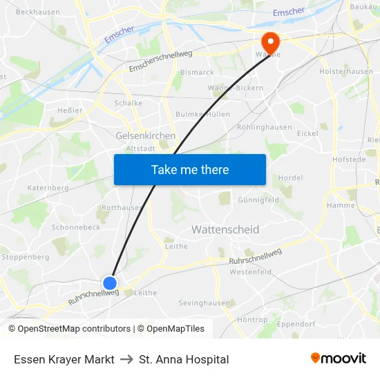 Essen Krayer Markt to St. Anna Hospital map