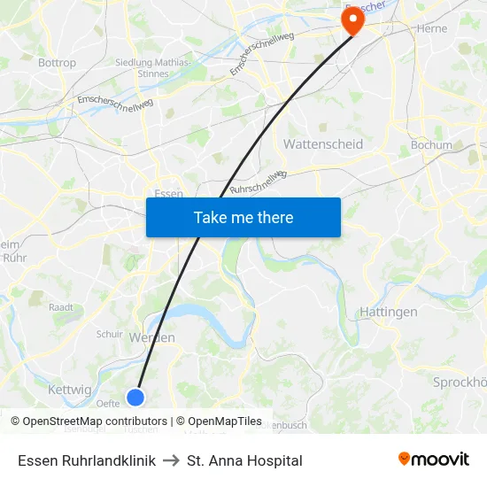 Essen Ruhrlandklinik to St. Anna Hospital map