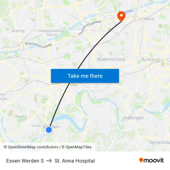Essen Werden S to St. Anna Hospital map