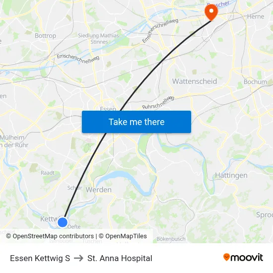 Essen Kettwig S to St. Anna Hospital map