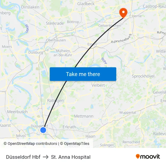 Düsseldorf Hbf to St. Anna Hospital map
