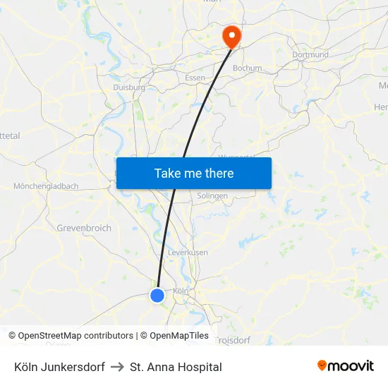 Köln Junkersdorf to St. Anna Hospital map