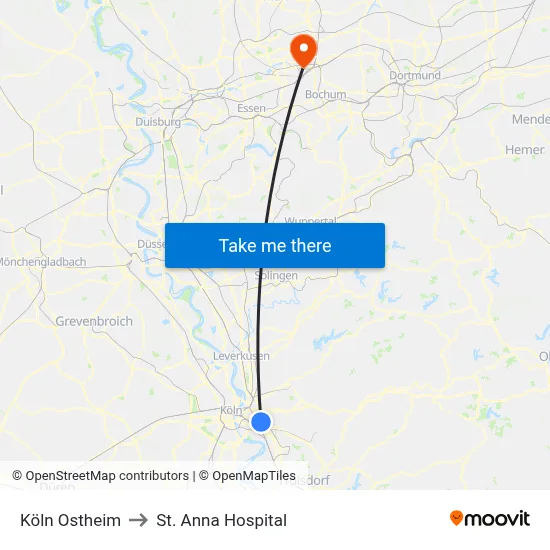 Köln Ostheim to St. Anna Hospital map