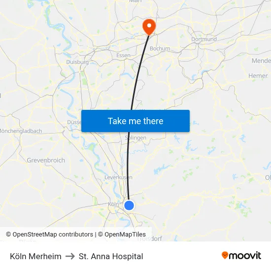 Köln Merheim to St. Anna Hospital map
