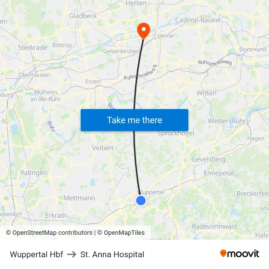 Wuppertal Hbf to St. Anna Hospital map