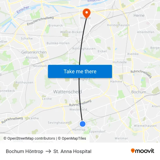 Bochum Höntrop to St. Anna Hospital map