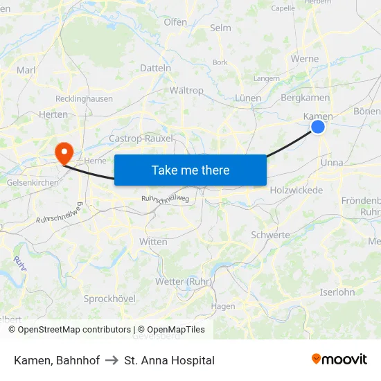 Kamen, Bahnhof to St. Anna Hospital map