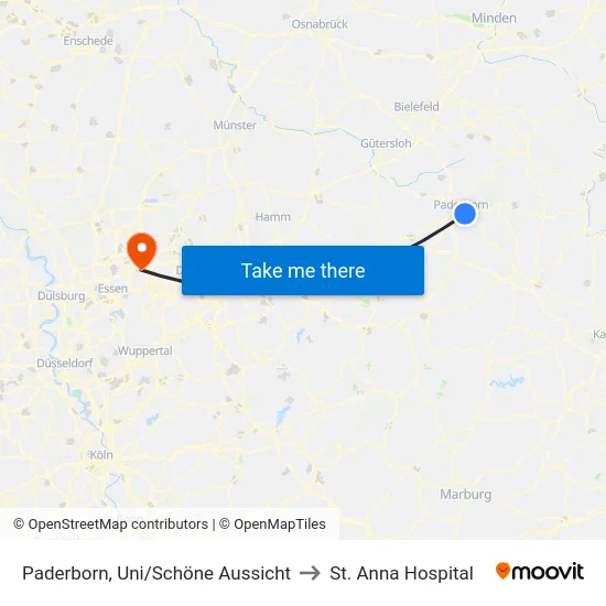 Paderborn, Uni/Schöne Aussicht to St. Anna Hospital map