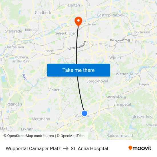 Wuppertal Carnaper Platz to St. Anna Hospital map