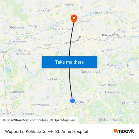 Wuppertal Kohlstraße to St. Anna Hospital map
