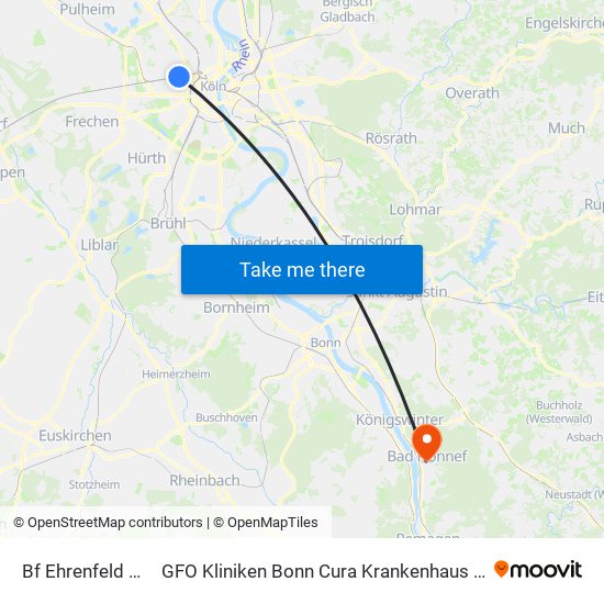 Bf Ehrenfeld - Köln to GFO Kliniken Bonn Cura Krankenhaus Bad Honnef map