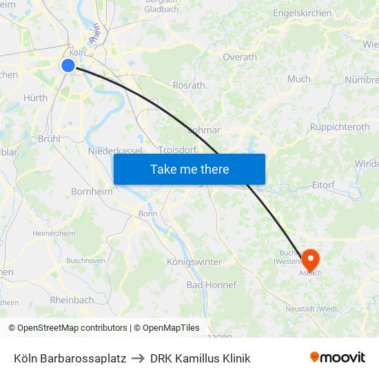 Köln Barbarossaplatz to DRK Kamillus Klinik map