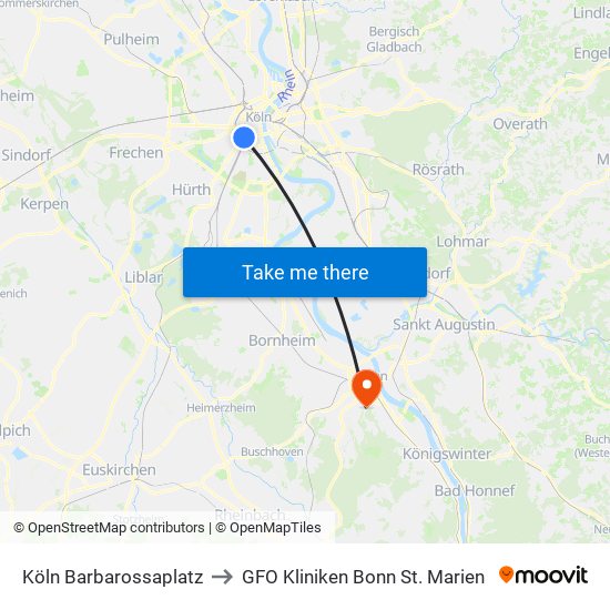 Köln Barbarossaplatz to GFO Kliniken Bonn St. Marien map