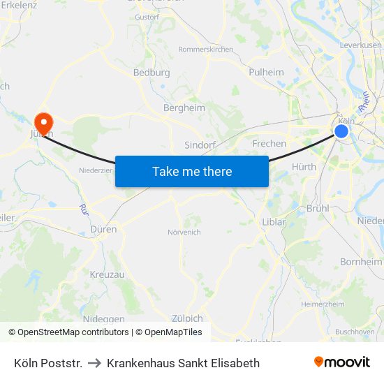 Köln Poststr. to Krankenhaus Sankt Elisabeth map