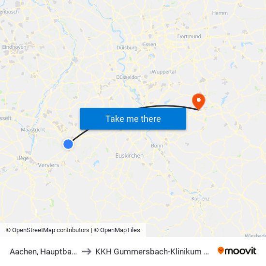 Aachen, Hauptbahnhof to KKH Gummersbach-Klinikum Oberberg map