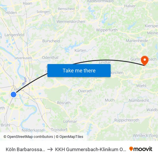 Köln Barbarossaplatz to KKH Gummersbach-Klinikum Oberberg map