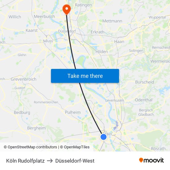 Köln Rudolfplatz to Düsseldorf-West map