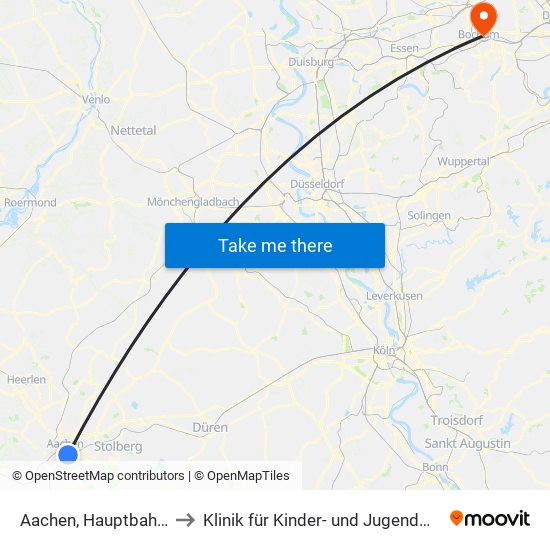 Aachen, Hauptbahnhof to Klinik für Kinder- und Jugendmedizin map