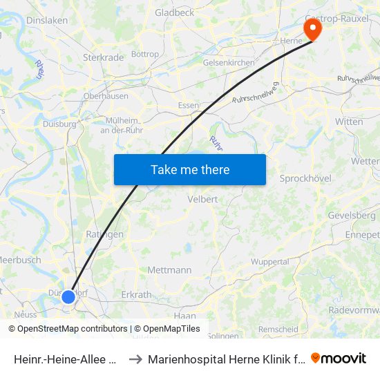 Heinr.-Heine-Allee U - Düsseldorf to Marienhospital Herne Klinik für Kinderchirurgie map