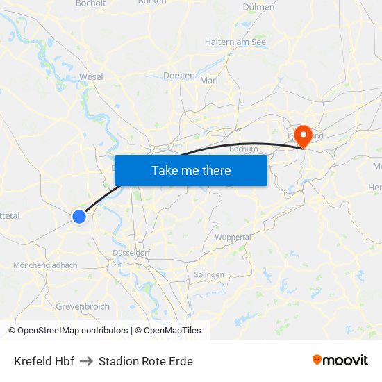 Krefeld Hbf to Stadion Rote Erde map