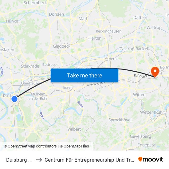 Duisburg Hbf to Centrum Für Entrepreneurship Und Transfer map