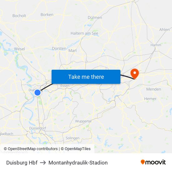 Duisburg Hbf to Montanhydraulik-Stadion map