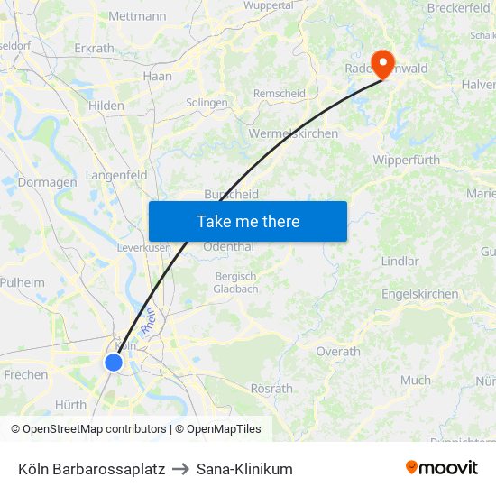 Köln Barbarossaplatz to Sana-Klinikum map
