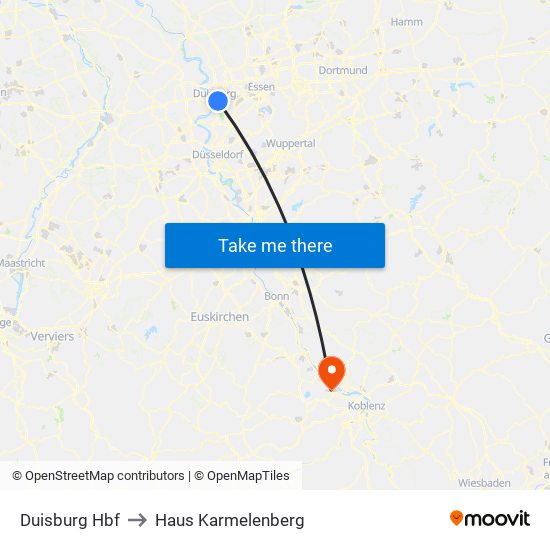 Duisburg Hbf to Haus Karmelenberg map