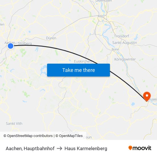 Aachen, Hauptbahnhof to Haus Karmelenberg map