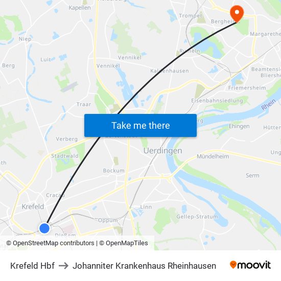 Krefeld Hbf to Johanniter Krankenhaus Rheinhausen map