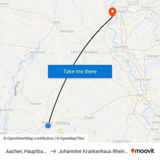 Aachen, Hauptbahnhof to Johanniter Krankenhaus Rheinhausen map