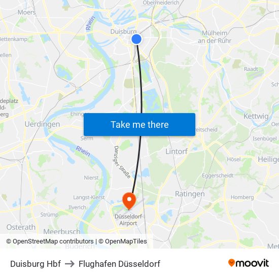 Duisburg Hbf to Flughafen Düsseldorf map