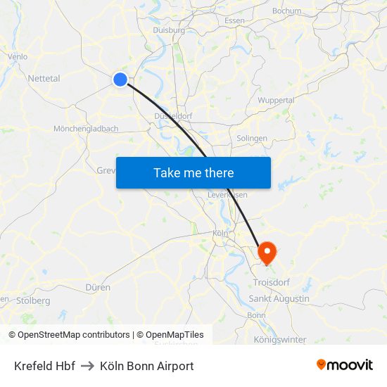 Krefeld Hbf to Köln Bonn Airport map