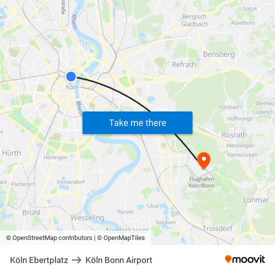 Köln Ebertplatz to Köln Bonn Airport map