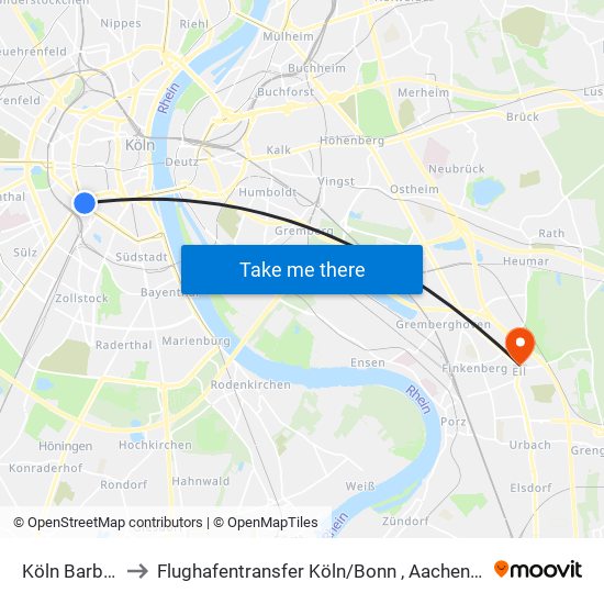 Köln Barbarossaplatz to Flughafentransfer Köln / Bonn , Aachen, Düsseldorf ,Frankfurt, Siegen, Olpe map