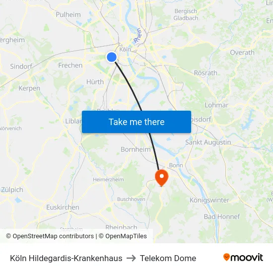 Köln Hildegardis-Krankenhaus to Telekom Dome map