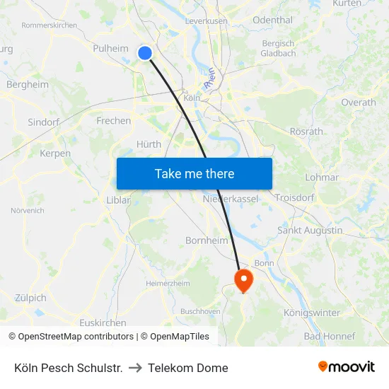 Köln Pesch Schulstr. to Telekom Dome map