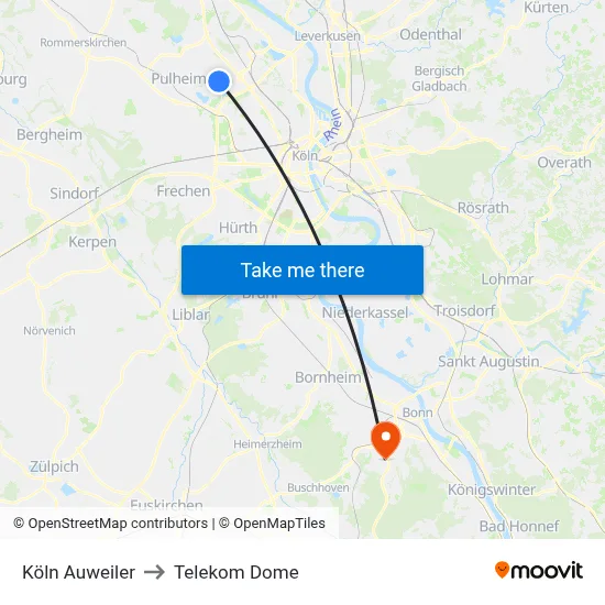 Köln Auweiler to Telekom Dome map