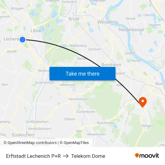 Erftstadt Lechenich P+R to Telekom Dome map