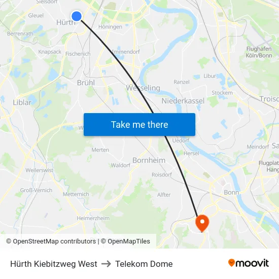 Hürth Kiebitzweg West to Telekom Dome map