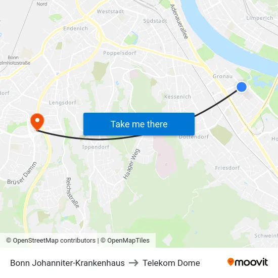 Bonn Johanniter-Krankenhaus to Telekom Dome map