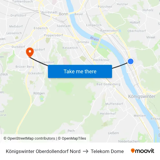 Königswinter Oberdollendorf Nord to Telekom Dome map